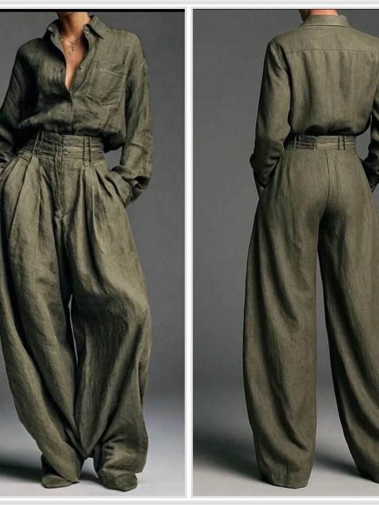 Pants - High-Waist Olive Green Wide-Leg Pants and shirt